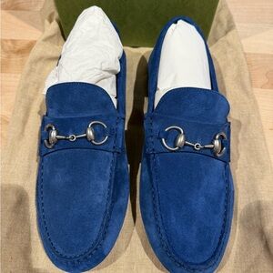 NWT Gucci Royal Blue Suede Mens Driver with Horsebit Shoes Size 8 FULL SET